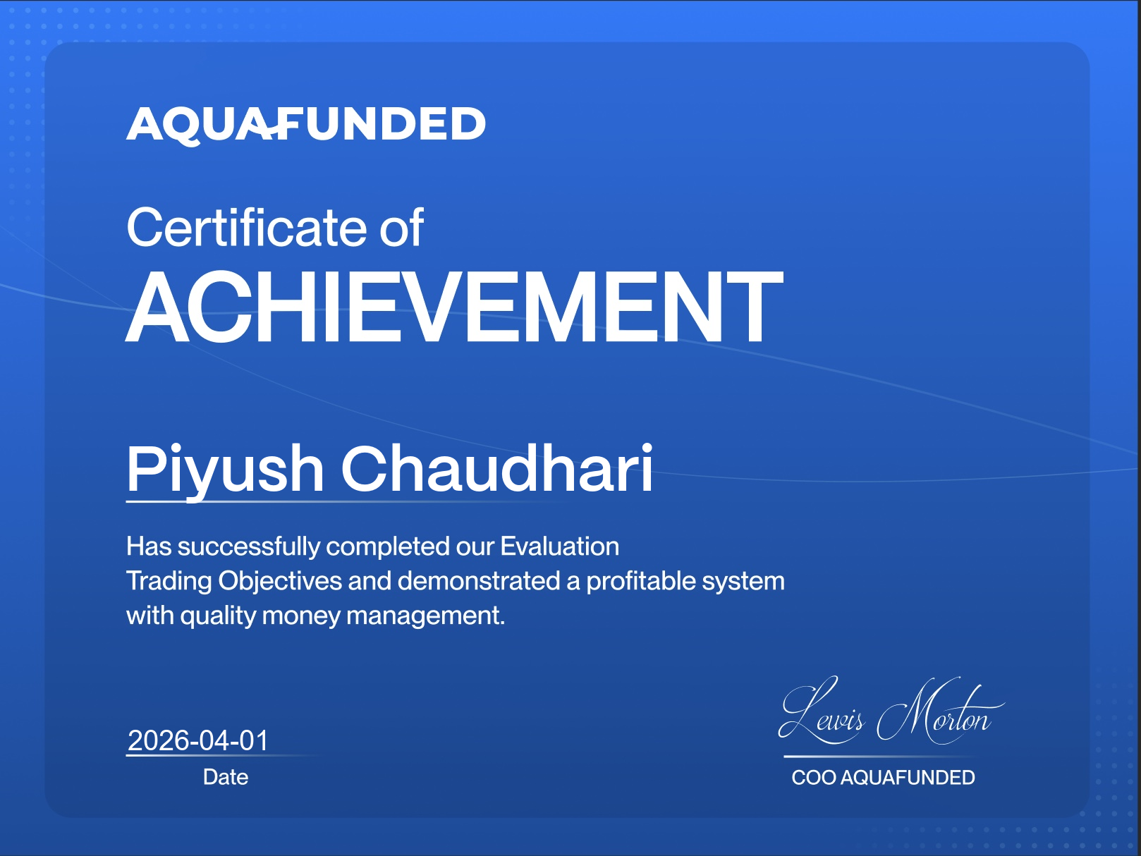 Piyush Chaudhari AquaFunded Passed