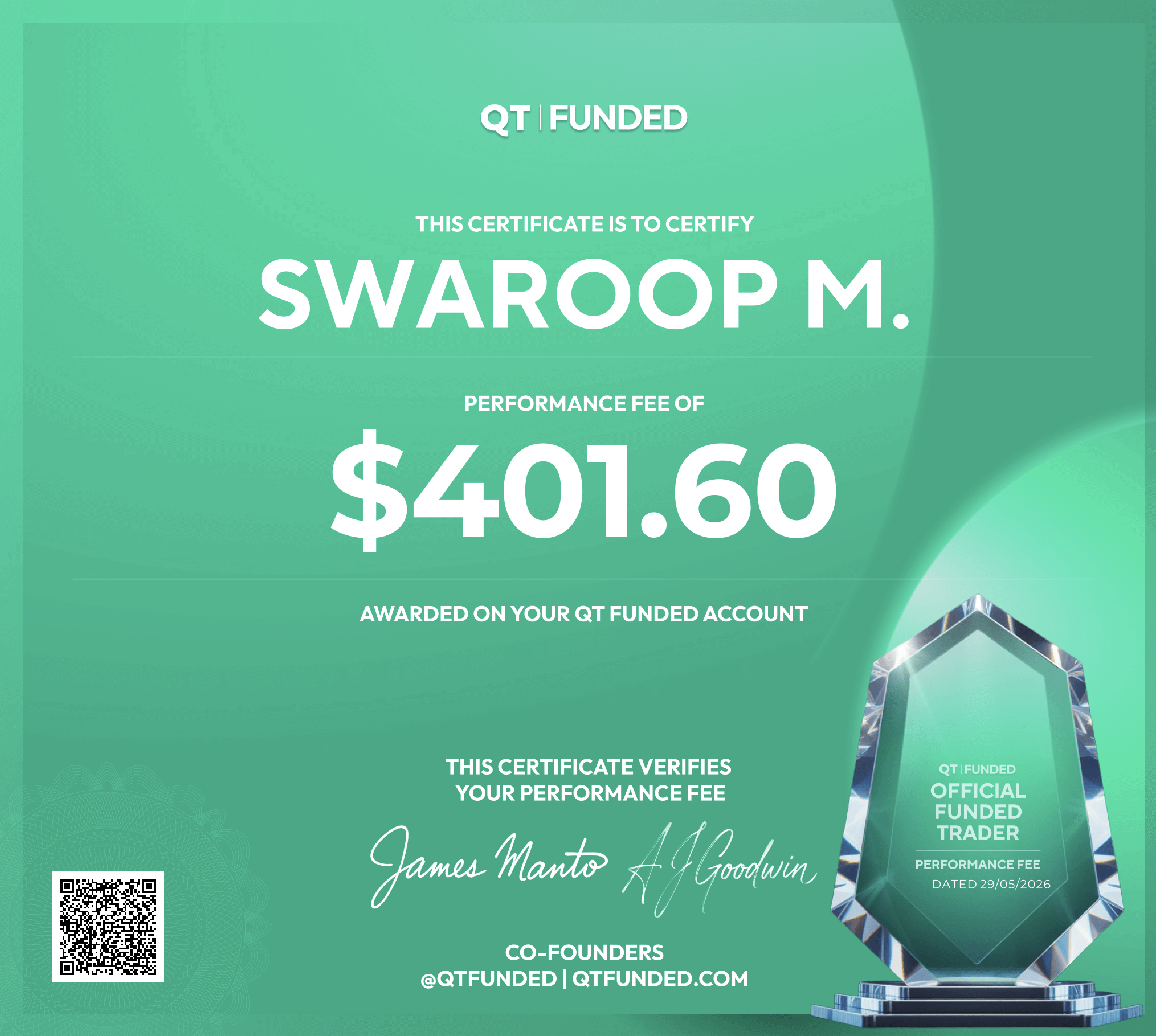 Swaroop M QT Funded Payout